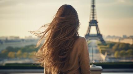 Back view of young elegant woman looking at Eiffel Tower. Tourism. Travelling Concept with Copy...
