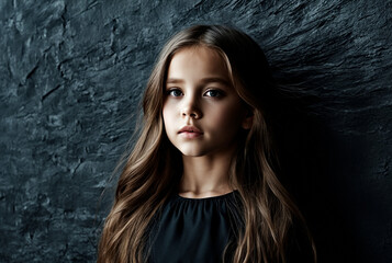 Cute kid model with long hair blowing in wind at dark textured wall, looking at camera. Cover child girl 9-10 year old posing frozen eyes pose in shadow. Performing act concept. Copy ad text space