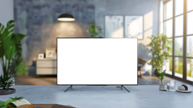 Smart TV with blank white transparent on blurred living room background. PNG is transparent. 