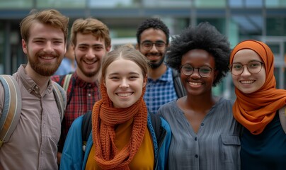 Obraz premium group of multiethnic students smiling happily looking at the camera in front of the university