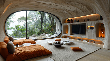 A cozy place to sleep. Minimalist luxury bedroom in a cave