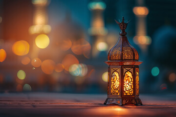Eid mubarak and ramadan kareem greetings with islamic lantern and mosque 