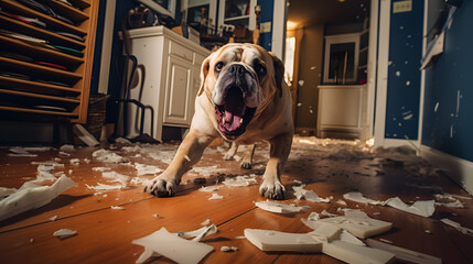 The dog left at home caused a mess in the room with scattered things, broken dishes, dirt. Concept of missing the owner, loneliness.