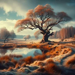 Foto op Aluminium Fantasy landscape with old oak tree on the lake shore at sunset © vytautas