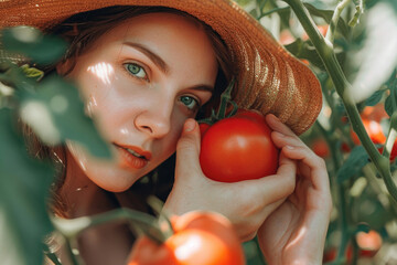 Summer portrait of a pretty young girl in a straw hat standing next to a tomato plant and holding tomato in her hands