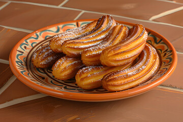 Churros in a ceramic plate on a rustic wooden table
