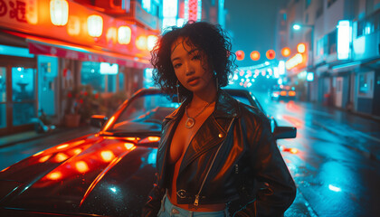 Naklejka premium a woman on neon-lit urban street at night with a car