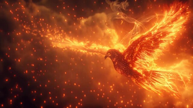 Phoenix, dead black bird rebirth in fire and flame, transformation into a phoenix bird