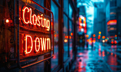 Illuminated Closing Down sign hanging in a storefront window at dusk, signaling the end of business operations, with city lights blurred in the background - obrazy, fototapety, plakaty