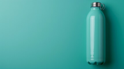 Blue water bottle sitting on vibrant green backdrop - obrazy, fototapety, plakaty