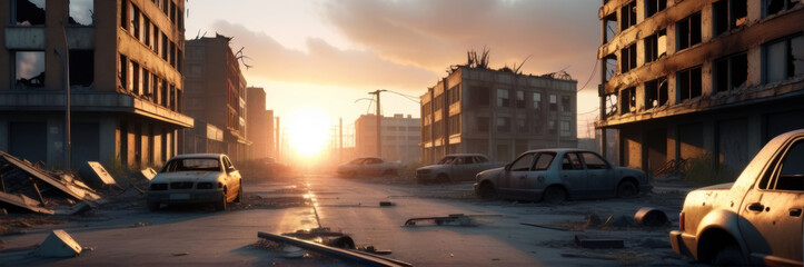 Sunset on a street of an abandoned city, post war, post apocalyptic, destroyed buildings, rusty cars. AI illustration. - obrazy, fototapety, plakaty