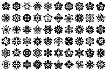 Vector floral set, collection of abstract geometric ornamental flower heads. Abstract geometric black symmetric floral decorations. Isolated on white background.