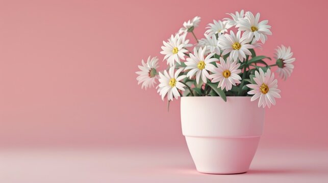 A pink vase holds an abundance of white daisies against a matching pink background
