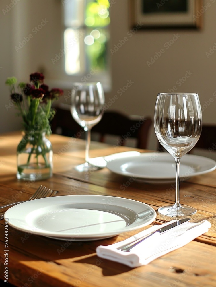 Poster a table with a plate and wine glasses on it. generative ai.