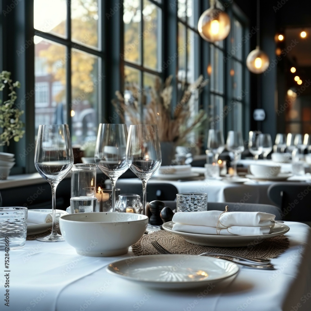 Poster a restaurant setting with white tablecloths and place settings. generative ai.