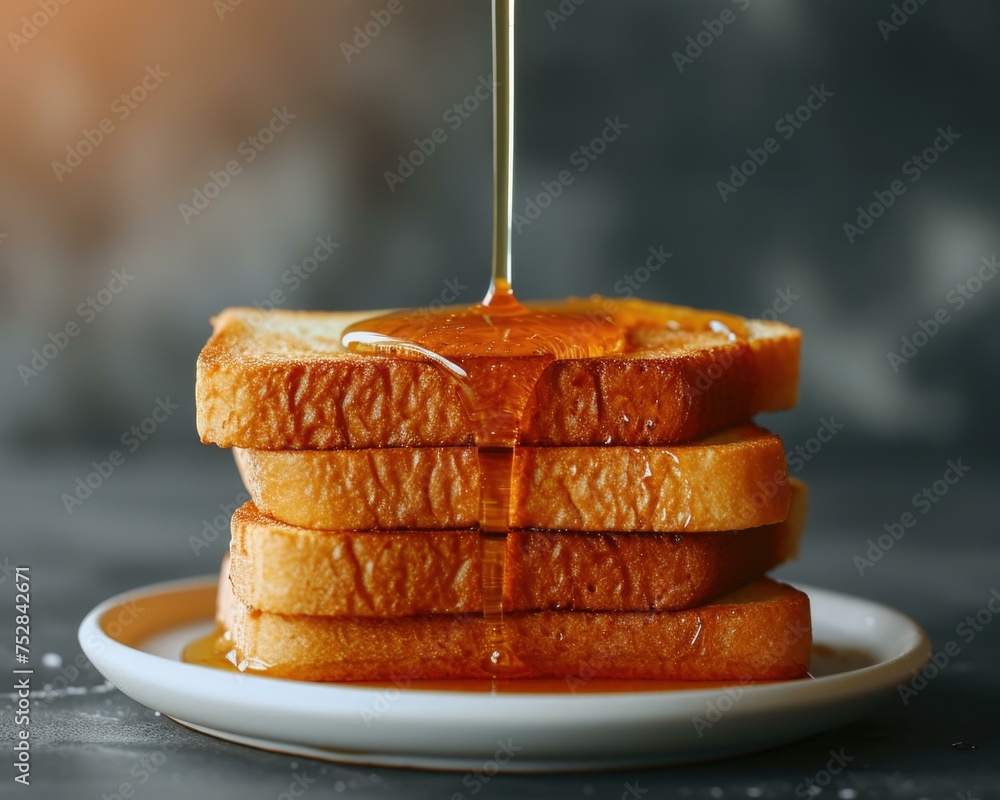Poster a stack of toasted bread with honey being poured on top. generative ai.