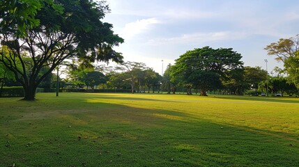 Gorgeous sunrise at public garden with verdant lawn and flourishing tree at Park in Thailand.