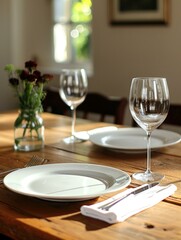 A table with a plate and wine glasses on it. Generative AI.
