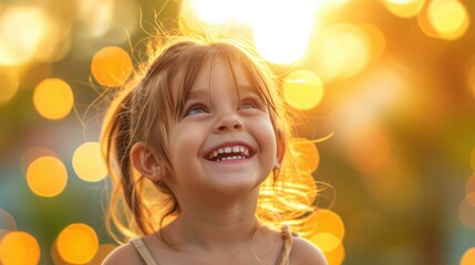 Fototapeta premium A little girl smiles as she looks up at the sun. Generative AI.