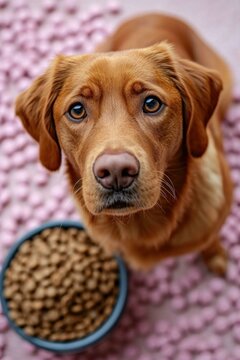 A dog is looking at the camera close to a bowl of food. Generative AI.