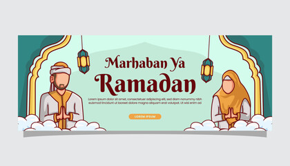Fototapeta premium Ramadan Kareem islamic illustration greetings on banner cover page template with moslem cartoon