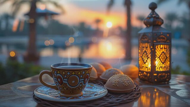 a cup of Arabic style coffee. seamless looping time-lapse animation video background