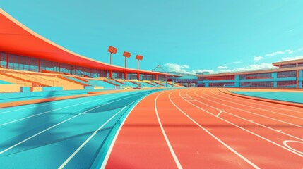 A digital illustration background of an unoccupied sports arena with a running track on a sunny day...A digital illustration background of a vacant sports stadium with a track on a bright day.