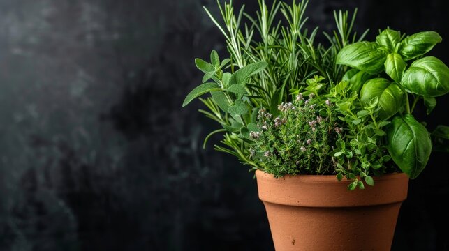 A potted plant bursting with vibrant fresh herbs, flourishing in natural sunlight