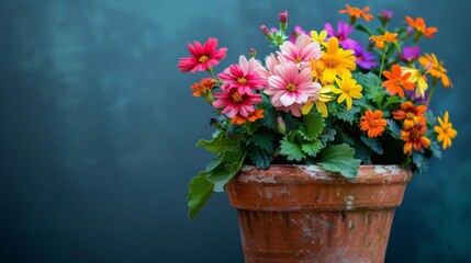 A flower pot overflows with a riot of vibrant, colorful blooms