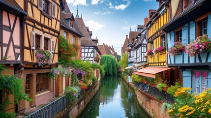 France. Small waterway and classic half-timbered buildings.
