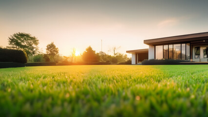 Modern Home with Lush Green Lawn at Sunset