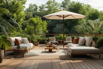 Wooden deck with furniture and large umbrella.