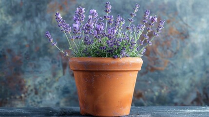 A tabletop clay pot overflows with vibrant lavender flowers