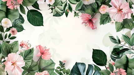 greeting card mockup. floral background. floral pattern. composition of pink flowers and green leaves. place for text. invitation. congratulation - obrazy, fototapety, plakaty