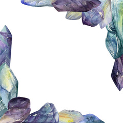 Hand drawn watercolor illustration precious jewel gem crystal chakra birth stone. Amethyst aquamarine moonstone lapis. Square frame isolated on white background. Design print, shop, jewelry, fashion