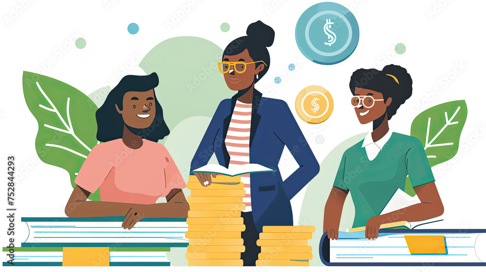 Poster several individuals standing around multiple stacks of books, engaged in conversation and examining 