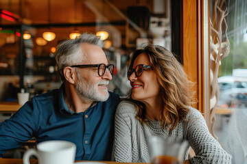 Portrait of cheerful senior couple sitting at table in cafe. Happy old couple talking and enjoying  at cafe. - obrazy, fototapety, plakaty