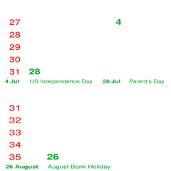 2024 (July - August) Festive Holidays Calendar with  Week  Numbers