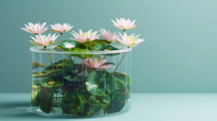 Foto op Canvas A glass vase on a table contains blooming water lilies, creating a serene and graceful centerpiece © zainab