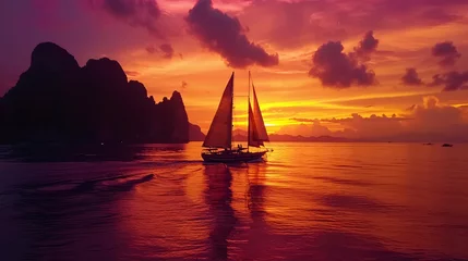 Crédence de cuisine en verre imprimé Rouge violet Boat cruising at dusk on Thai bay.
