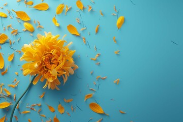 Fototapeta na wymiar Yellow flower on bright blue background with petals. Emotion concept. Summer flat lay.