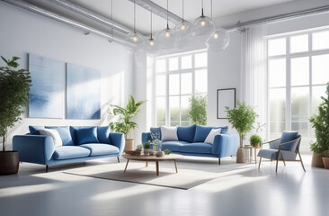 Fototapeta premium light and airy living space, contemporary lounge interior, big windows, lots of light, no people. High quality illustration