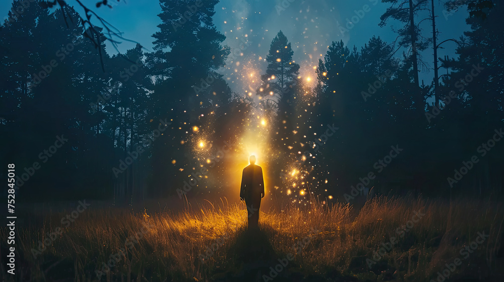 Poster sparks rise from a fire in a grassy clearing within a forest as dusk settles, creating a magical atm