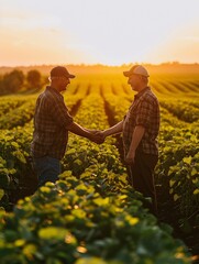 Fototapeta premium Two cultivators in soybean field making deal with handgrip.