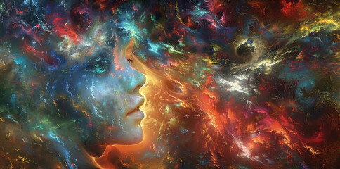 A vibrant profile of a woman emerges from a blend of fiery and cool hues, resembling a cosmic nebula