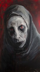 Oil painting of a werewolf nun with a twisted unsettling expression