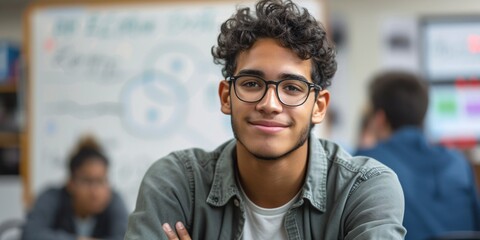A youthful male pupil standing in front of a whiteboard.
