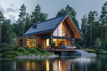 Fototapeta na wymiar Modern eco friendly passive house with solar panels on the gable roof