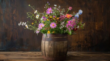Fototapeta na wymiar Wooden barrel overflowing with colorful flowers