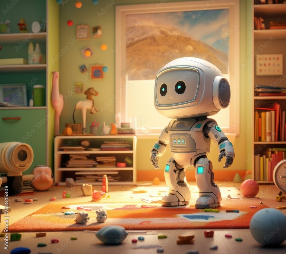 Poster a robot is standing in a room with toys scattered around. generative ai.